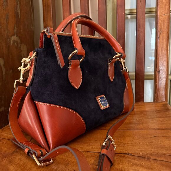 Dooney & Bourke Florentine Leather Suede Satchel Navy Cognac Crossbody Bag - Picture 6 of 15